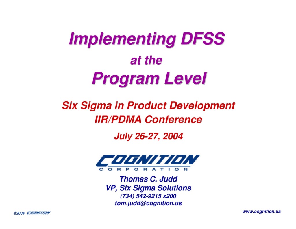 Presentation Implementing DFSS at the Program Level