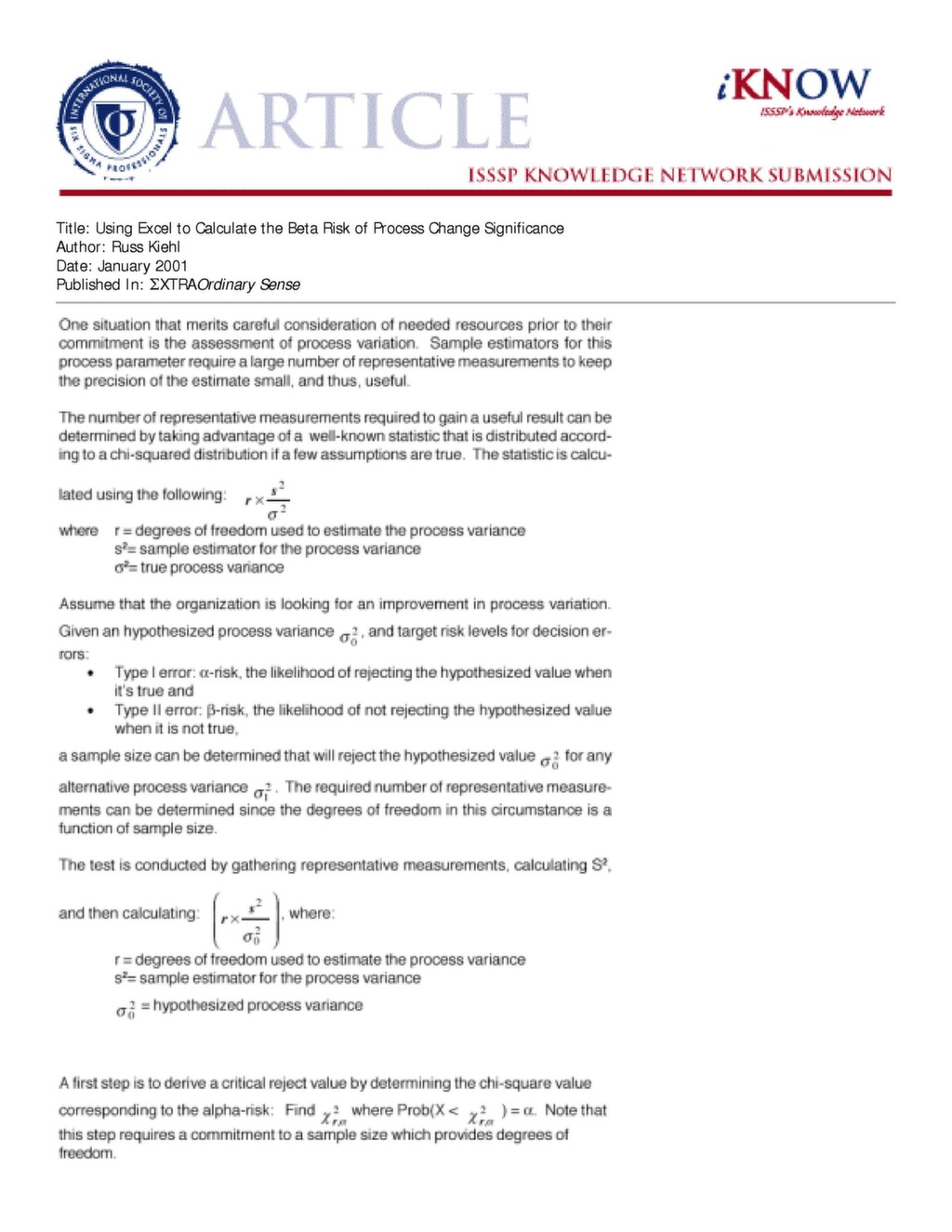 White Paper: Calculating Beta Risk of Process Change with Excel