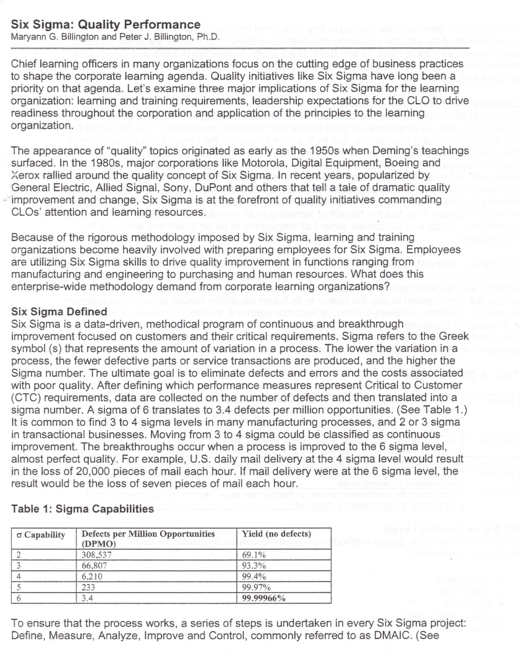 Six Sigma: Quality Performance — ISSSP for Lean Six Sigma