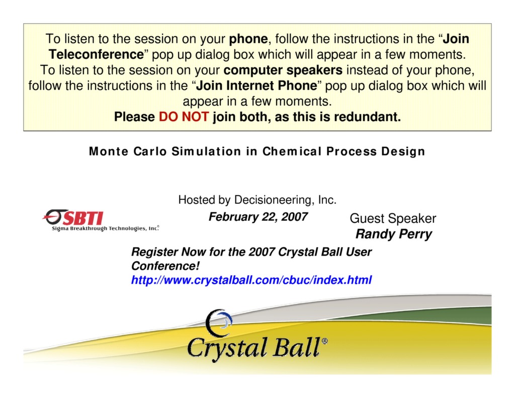 Monte Carlo Simulation in Chemical Process Design — ISSSP for Lean Six ...