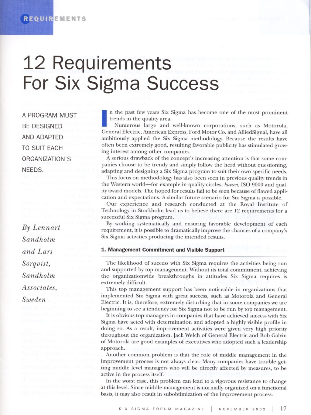 12 Requirements for Six Sigma Success — ISSSP for Lean Six Sigma