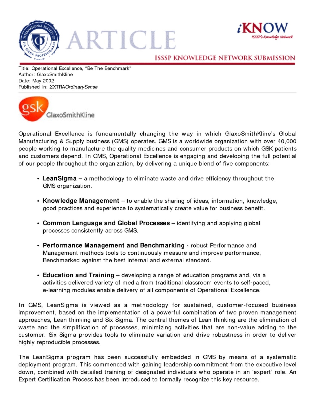 Operational Excellence, "Be the Benchmark." — ISSSP for Lean Six Sigma