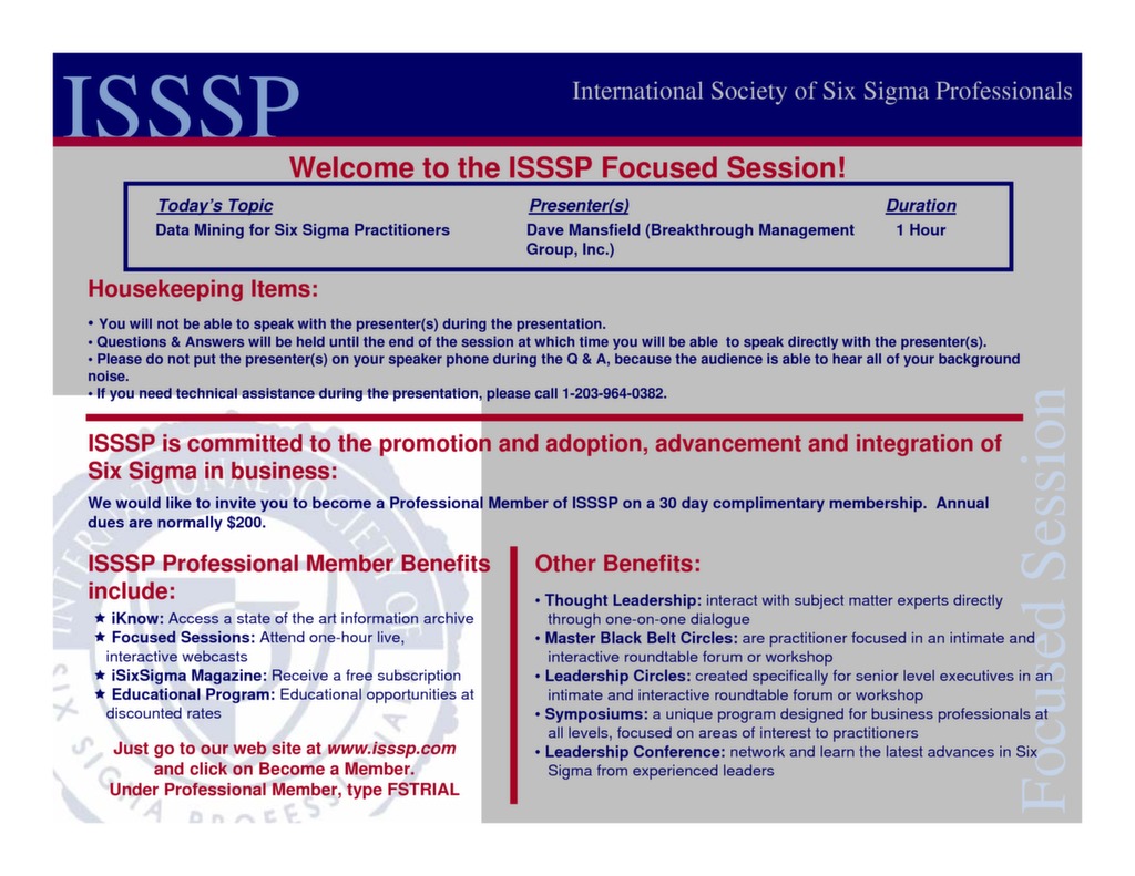 Data Mining for Lean Six Sigma — ISSSP for Lean Six Sigma