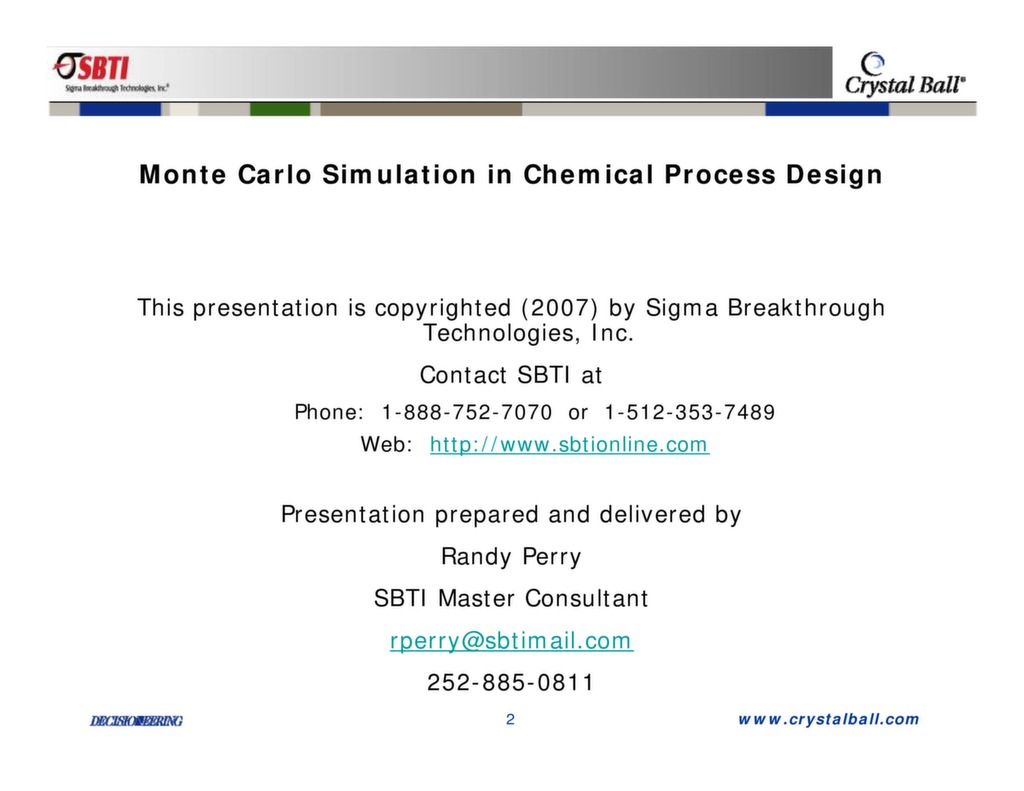 Monte Carlo Simulation in Chemical Process Design — ISSSP for Lean Six ...